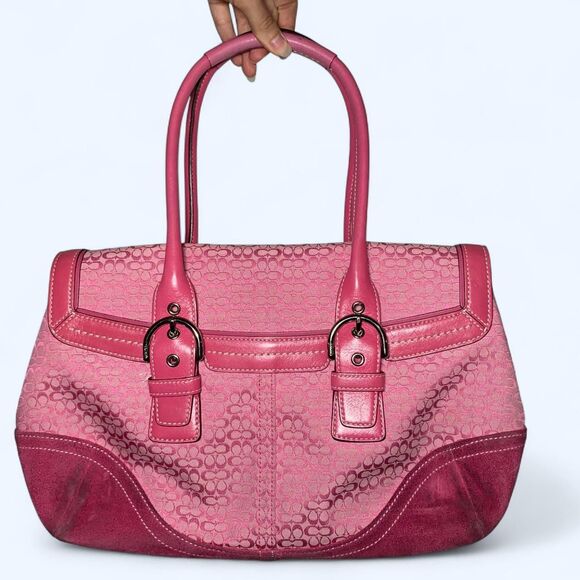Y2K Coach 7080 Hot Pink SoHo Flap Suede Jacquard Signature C Shoulder Bag Purse - Picture 1 of 8